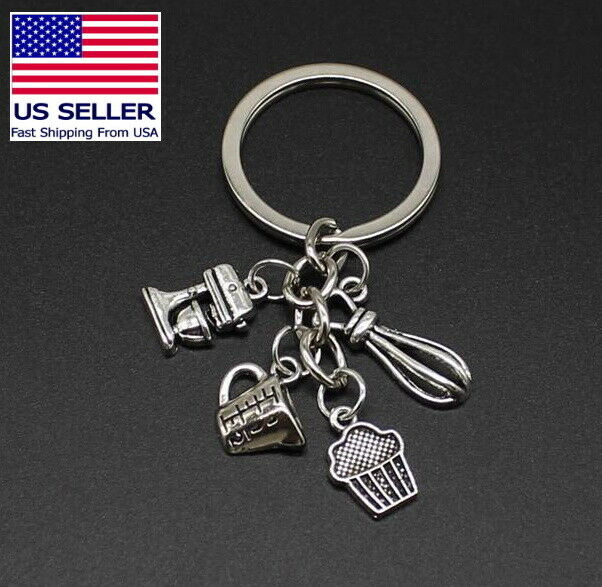 Baker Cooking Kitchen Mixer Whisk Cupcake Measuring Cup Charms Keychain Gift