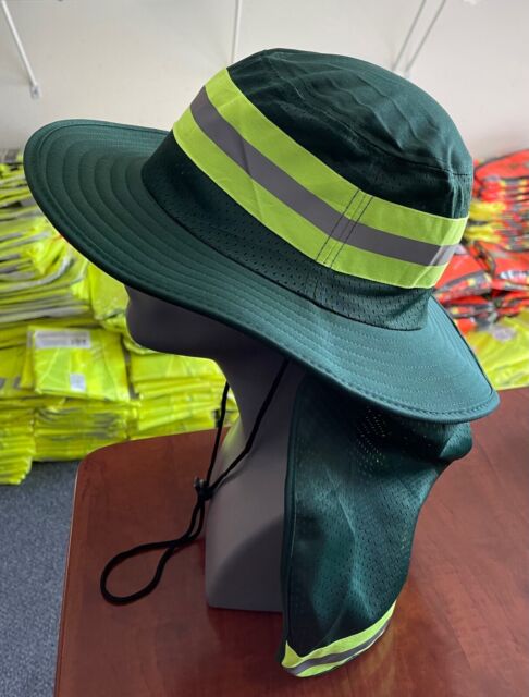 Hi Vis Reflective Work Safety Neck Flap Boonie Hat Green  Bucket Cap