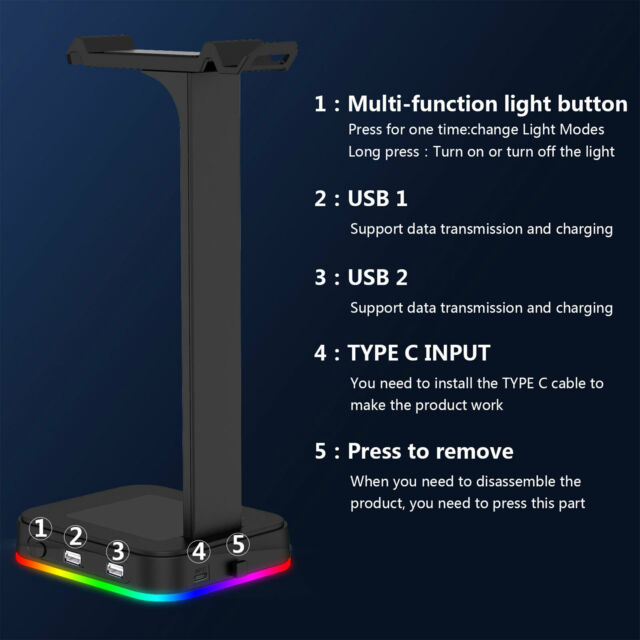 Gaming RGB Dual Headset Hanger Holder 2 USB Ports Headphone Desk Stand Universal