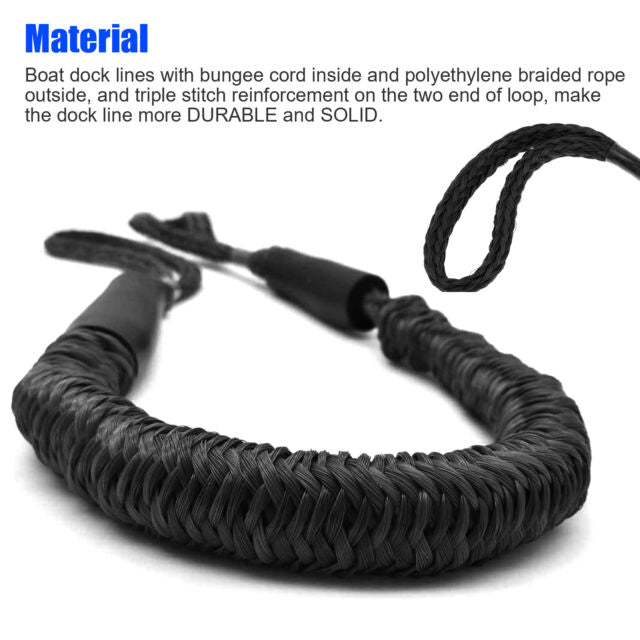 2 Pack Marine Bungee Dock Line Boat Mooring Rope Anchor Cord Stretch Shock Black