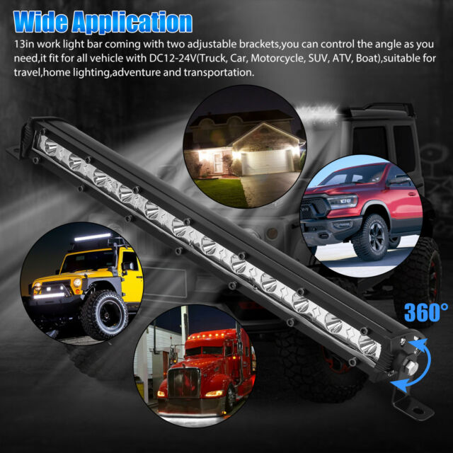 13" LED Work Light Bar Single Row Spot Flood Combo Driving Offroad Truck SUV ATV