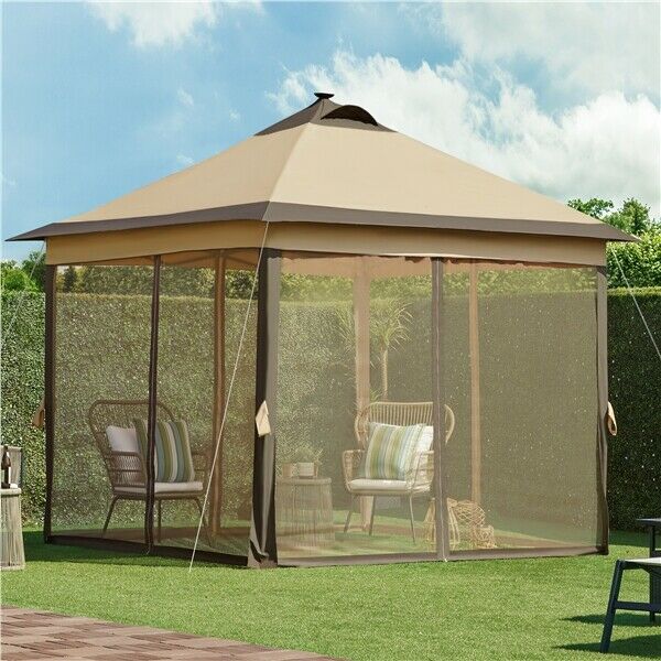 11'x11' Outdoor Pop Up Instant Gazebo Tent with Mesh Netting/ Solar LED Lights