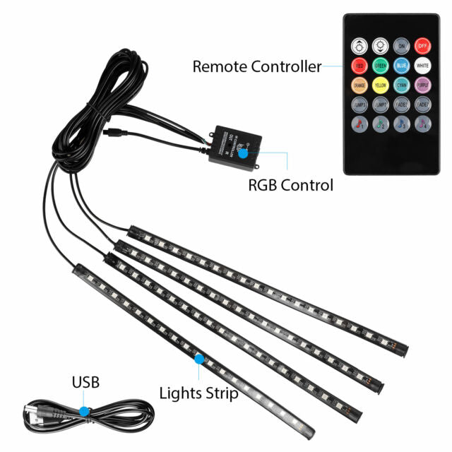 4PCS 72 LED Car Interior USB Atmosphere Lights Strip Wireless IR Remote Control