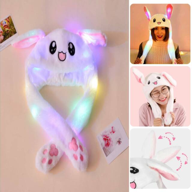 Glowing Bunny Ear Cap Cute Plush Rabbit Hat Moving Ears With Colorful LED Light