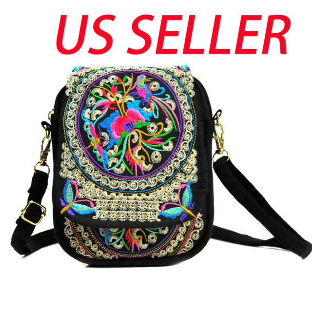 Retro Floral Embroidered Crossbody Bag Women Shoulder Bag Travel Pouch Zip Bag