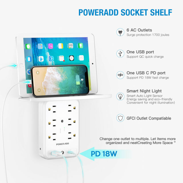 Multi-Function Wall Plug Socket With Shelf Surge Protector 6 Outlet & USB & USB-C 3.0 Ports