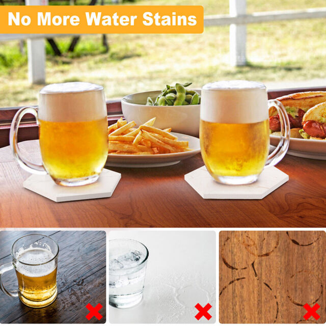 6PCS Drink Coasters Marble Absorbent Coasters with Metal Holder Cork Backing Bar