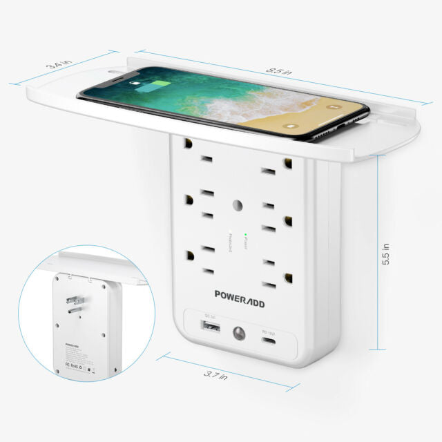 Multi-Function Wall Plug Socket With Shelf Surge Protector 6 Outlet & USB & USB-C 3.0 Ports