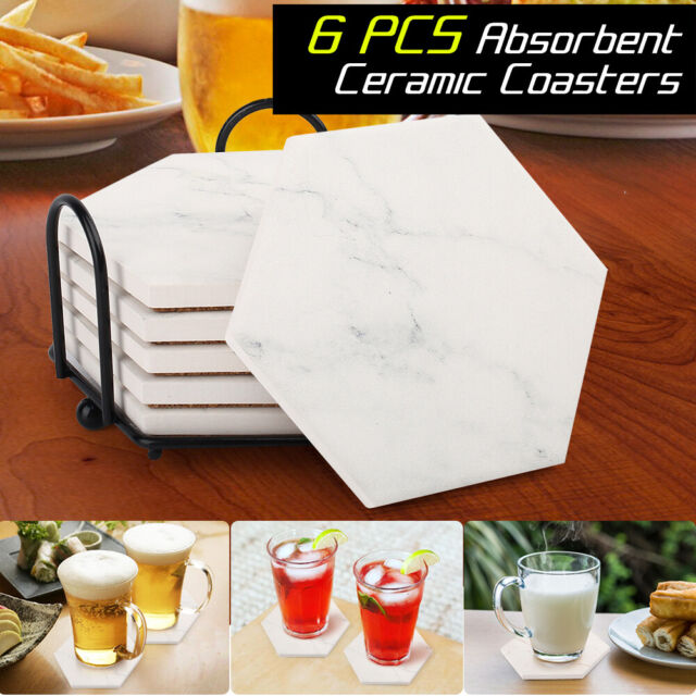 6PCS Drink Coasters Marble Absorbent Coasters with Metal Holder Cork Backing Bar