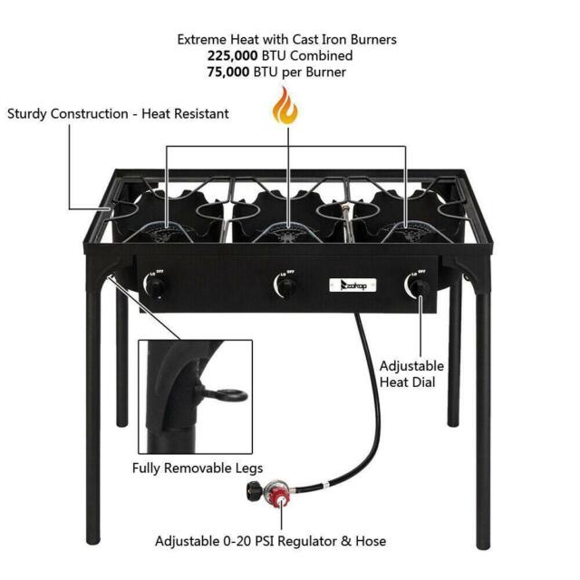 Portable Propane 225,000-BTU 3 Burner Gas Cooker Outdoor Camping Stove Grill