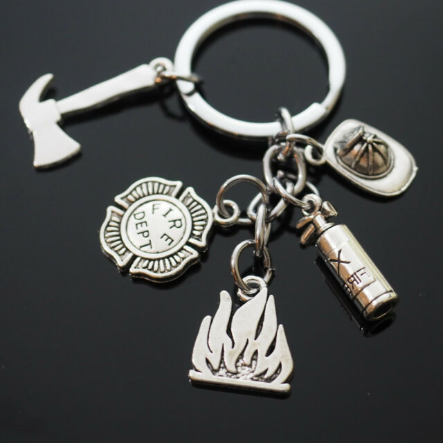 Love Fireman Firefighter Helmet Extinguisher Axe Fire Dept Silver Keychain Gift