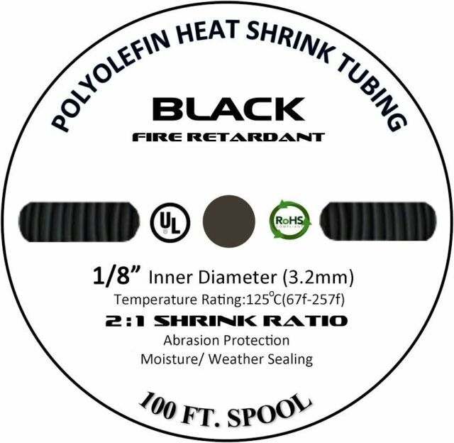 100 FT. 100' Feet BLACK 1/8" 3mm Polyolefin 2:1 Heat Shrink Tubing Tube Cable UL