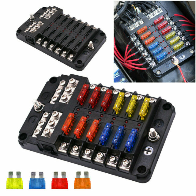 12-Way Blade Fuse Box Block Holder LED Indicator 12V 32V Auto Marine Waterproof