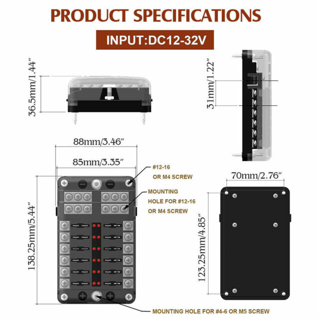 12-Way Blade Fuse Box Block Holder LED Indicator 12V 32V Auto Marine Waterproof