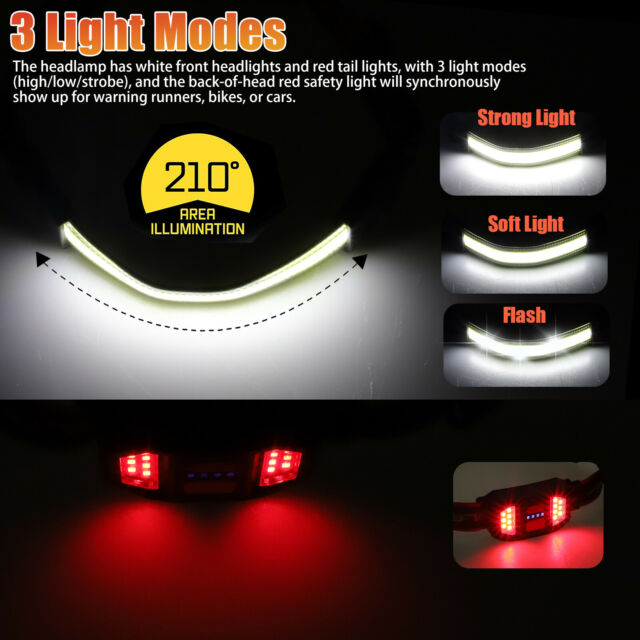 COB LED Headlamp Headlight Torch Flashlight Red Tail Light Head Band Lamp 3 Mode