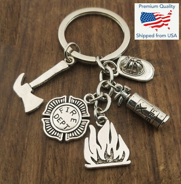 Love Fireman Firefighter Helmet Extinguisher Axe Fire Dept Silver Keychain Gift