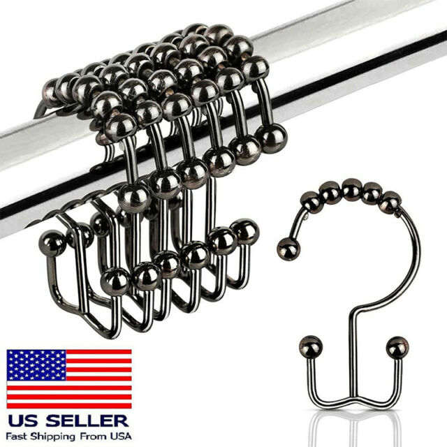 12pcs Metal Shower Curtain HOOKS RINGS Double Glide Roller Set Stainless Steel