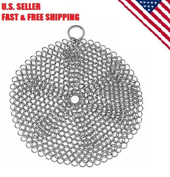 Cast Iron Skillet Cleaner Chainmail Scrubber With Hanging Ring Rust-Free