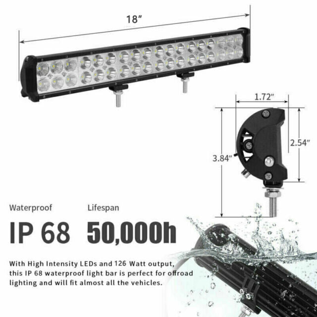 18Inch 126W Led Light Bar Flood Spot Combo Offroad Work Light 4WD Truck Atv Ute