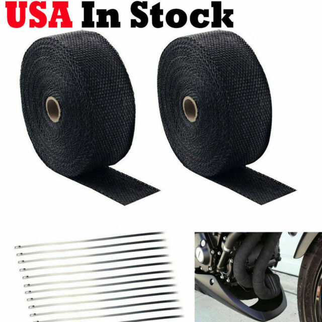 2 Roll x 2" 50Ft Black Fiberglass Exhaust Header Pipe Heat Wrap Tape+20 Ties Kit