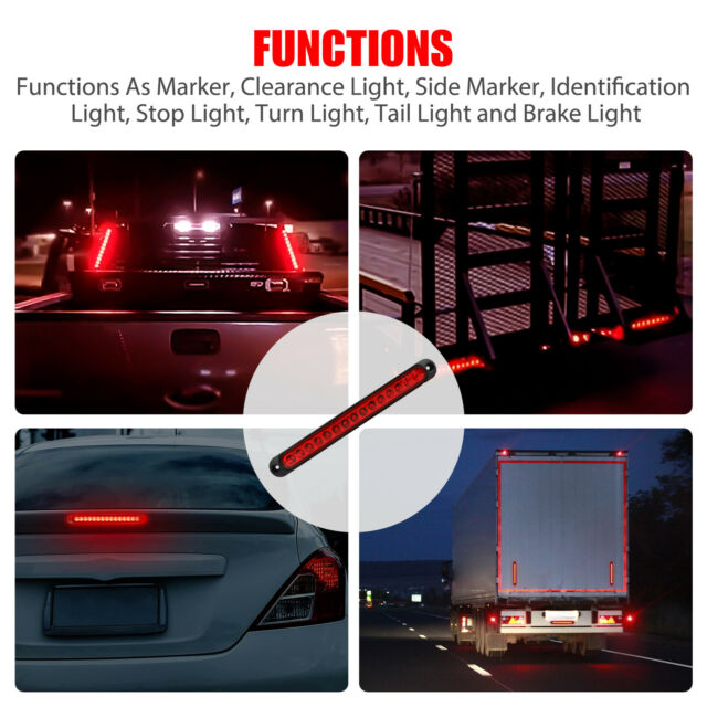 10" Red 15LED Sealed Truck Trailer 3rd Strip Brake Stop Rear Turn Tail Light Bar