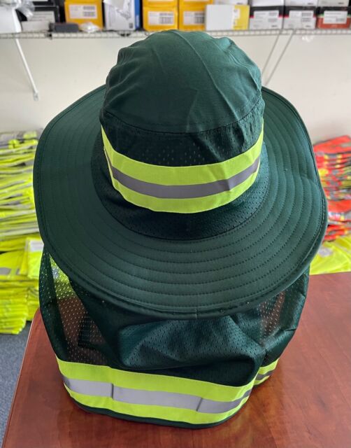 Hi Vis Reflective Work Safety Neck Flap Boonie Hat Green  Bucket Cap