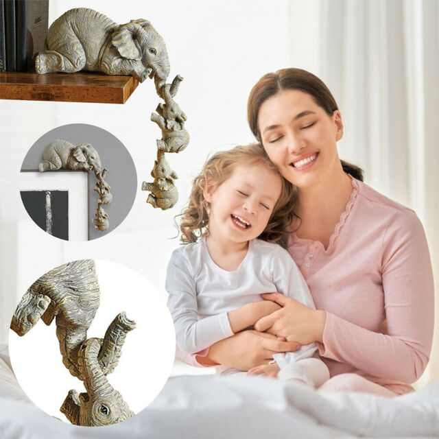 3X Resin Elephant Sitter Figurines Mother and 2 Babies Hanging Off Edge For Gift