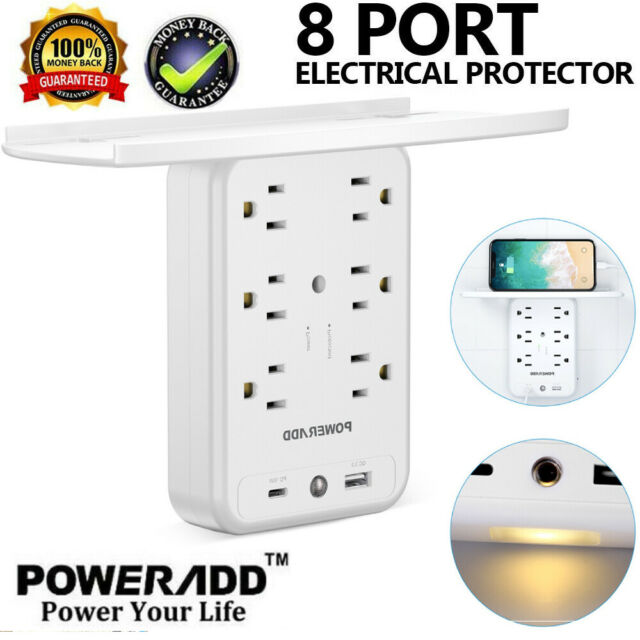 Multi-Function Wall Plug Socket With Shelf Surge Protector 6 Outlet & USB & USB-C 3.0 Ports