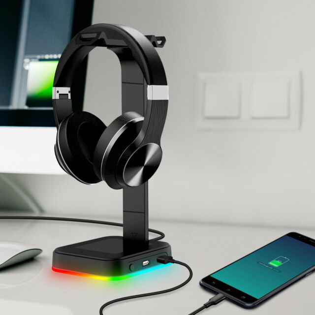 Gaming RGB Dual Headset Hanger Holder 2 USB Ports Headphone Desk Stand Universal