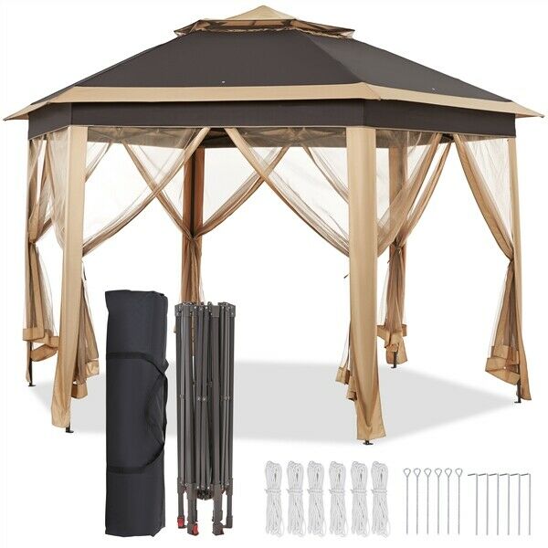 13' x 13' Double Roof Outdoor Patio Gazebo Pop Up Canopy Tent with Mesh Netting