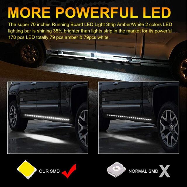 2Pcs 70" Running Board LED Light DRL Side Step Strip Bar Amber White Turn Signal