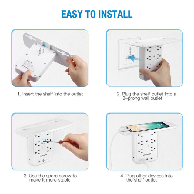 Multi-Function Wall Plug Socket With Shelf Surge Protector 6 Outlet & USB & USB-C 3.0 Ports