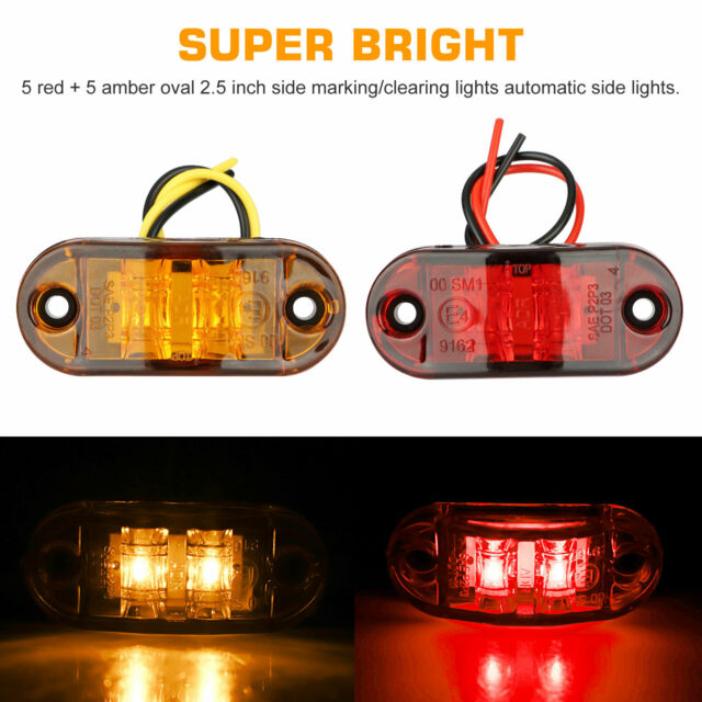 5x Amber+ 5x Red LED Car Truck Trailer RV Oval 2.5" Side Clearance Marker Lights