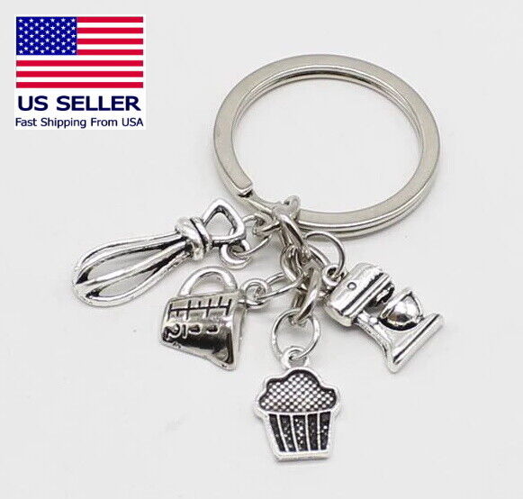 Baker Cooking Kitchen Mixer Whisk Cupcake Measuring Cup Charms Keychain Gift