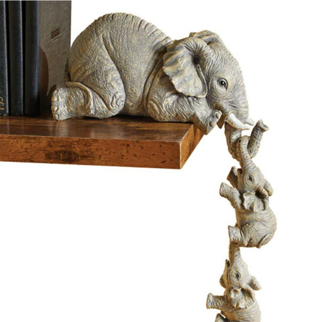 3X Resin Elephant Sitter Figurines Mother and 2 Babies Hanging Off Edge For Gift