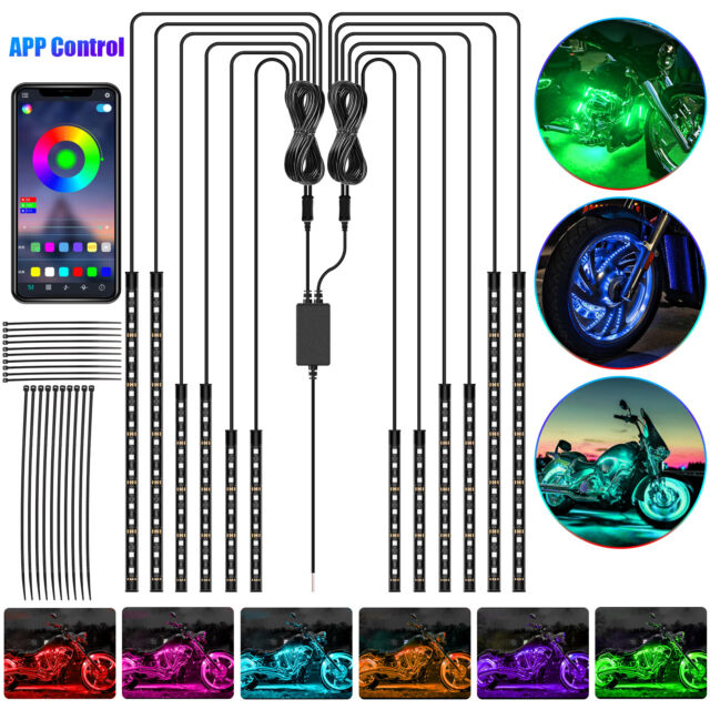 12Pcs Motorcycle RGB LED Waterproof Under Glow Lights Strip Neon Kit APP Control