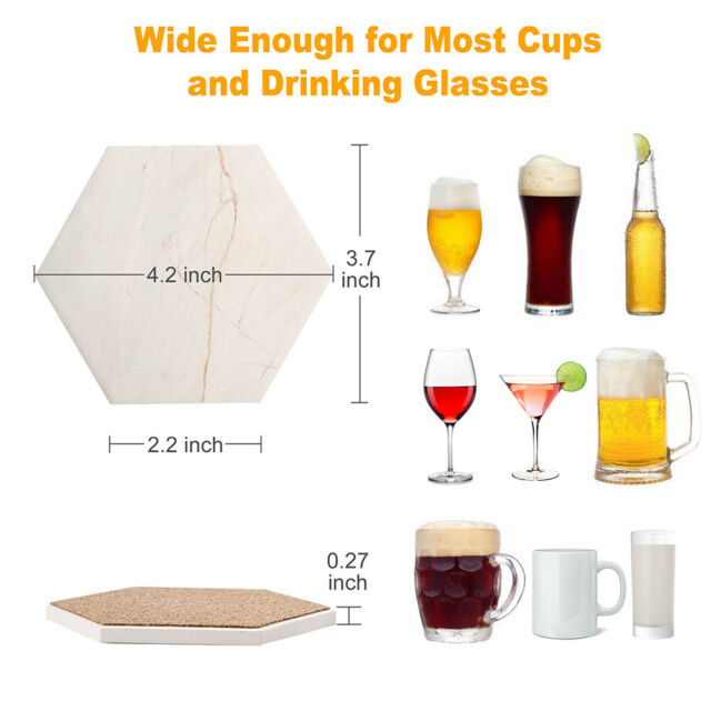 6PCS Drink Coasters Marble Absorbent Coasters with Metal Holder Cork Backing Bar