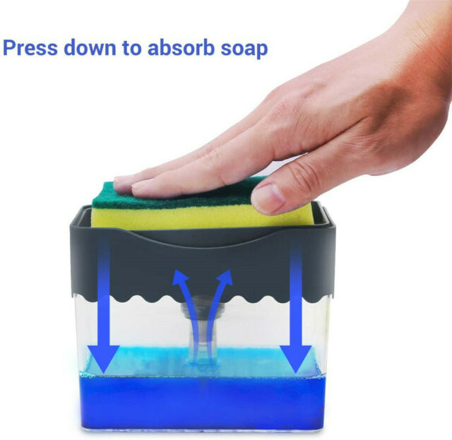 2 in1 Kitchen Liquid Soap Pump Dispenser ABS Sponge Holder Press Countertop Rack