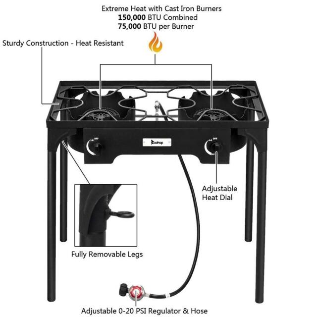 Professional Outdoor 150000 BTU Stove Propane 2 Burner Portable Cooker BBQ Grill