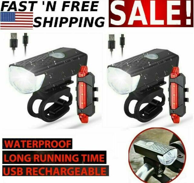 2 Sets USB Rechargeable LED Bicycle Headlight Bike Front Rear Lamp Cycling USA