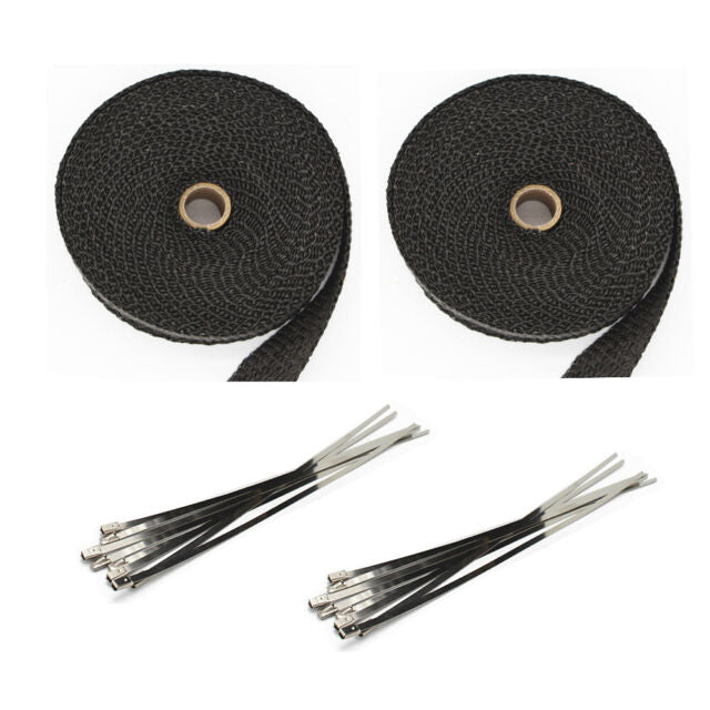 2 Roll x 2" 50Ft Black Fiberglass Exhaust Header Pipe Heat Wrap Tape+20 Ties Kit