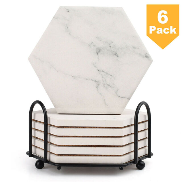 6PCS Drink Coasters Marble Absorbent Coasters with Metal Holder Cork Backing Bar