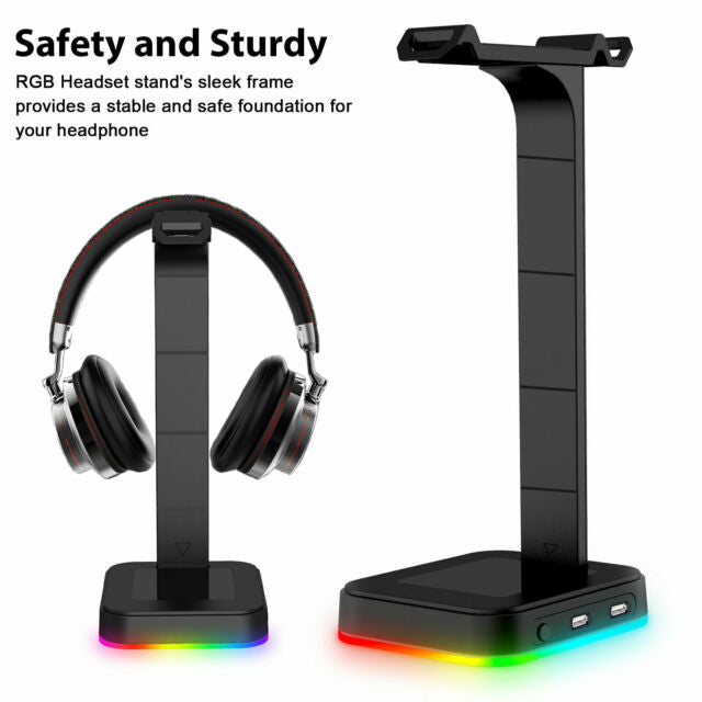 Gaming RGB Dual Headset Hanger Holder 2 USB Ports Headphone Desk Stand Universal