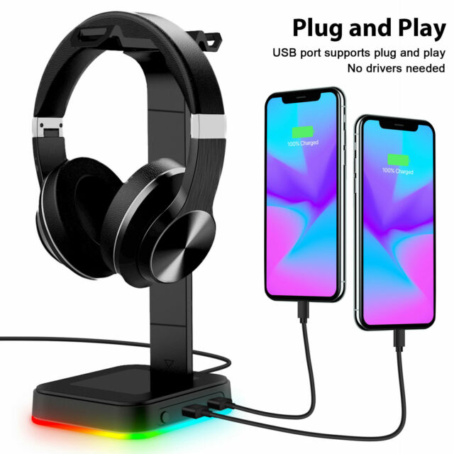 Gaming RGB Dual Headset Hanger Holder 2 USB Ports Headphone Desk Stand Universal