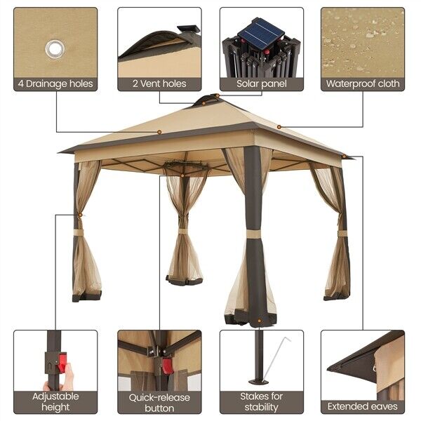 11'x11' Outdoor Pop Up Instant Gazebo Tent with Mesh Netting/ Solar LED Lights