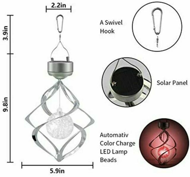 Solar Powered Spiral Wind Spinner Color Changing LED Light Wind Chimes Lamp Yard