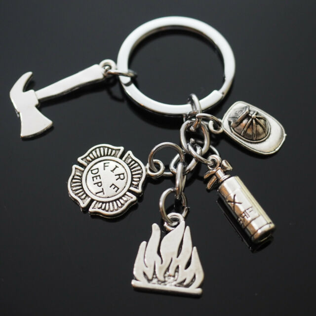 Love Fireman Firefighter Helmet Extinguisher Axe Fire Dept Silver Keychain Gift